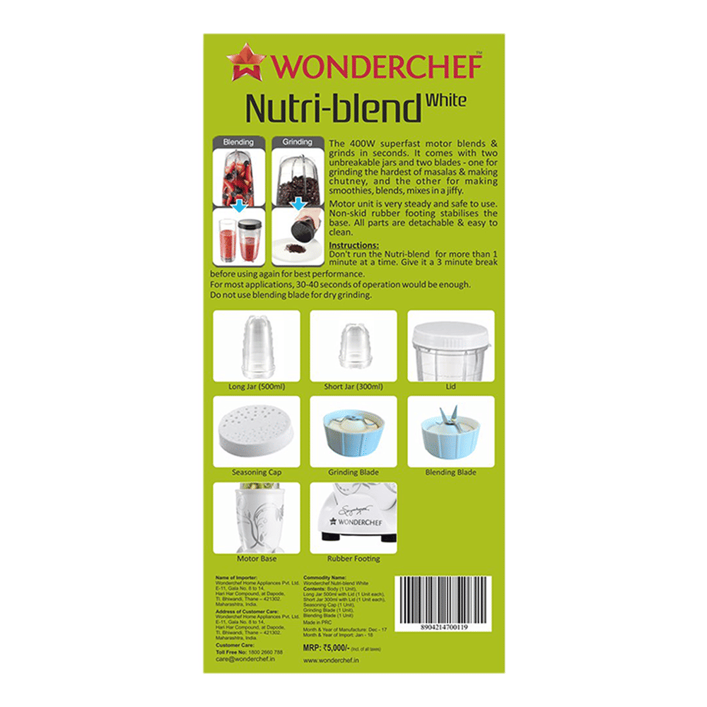 Buy WONDERCHEF NutriBlend 400 Watt 2 Jars Mixer Grinder Blender (22000